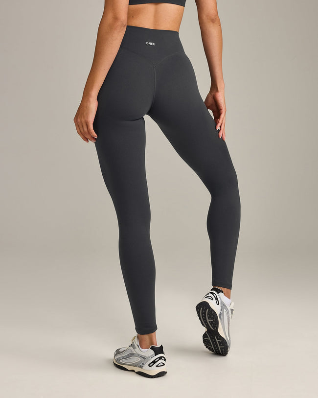 SoftMotion™ High Waisted Leggings with Grey Logo | Coal