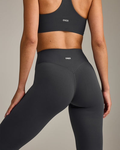 SoftMotion™ High Waisted Leggings with Grey Logo | Coal