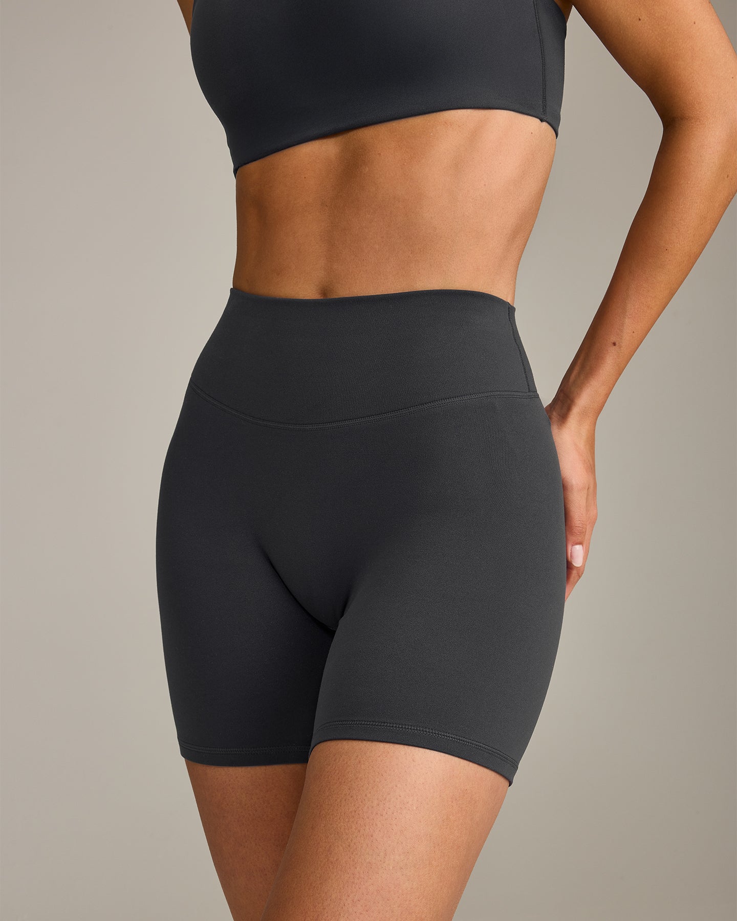 SoftMotion™ High Waisted Shorts 6" with Grey Logo | Coal