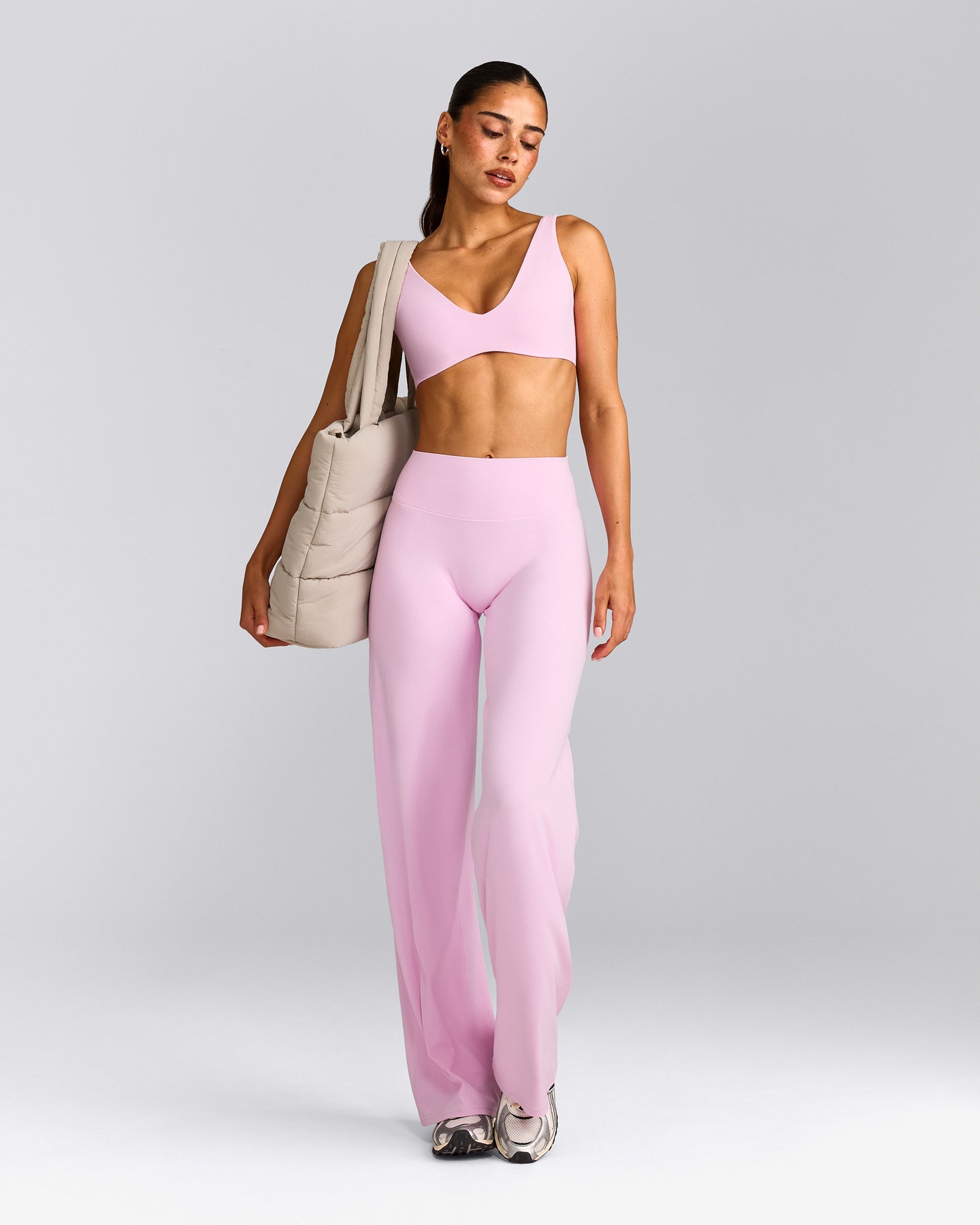 SoftMotion™ Straight Leg Trousers with Grey Logo | Chalk Pink