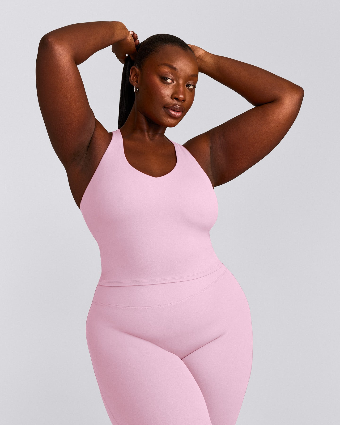 SoftMotion™ Racer Back Mid Tank Top with Built in Bra Shelf with Grey Logo | Chalk Pink