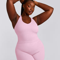 SoftMotion™ Racer Back Mid Tank Top with Built in Bra Shelf with Grey Logo | Chalk Pink