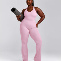 SoftMotion™ Racer Back Mid Tank Top with Built in Bra Shelf with Grey Logo | Chalk Pink