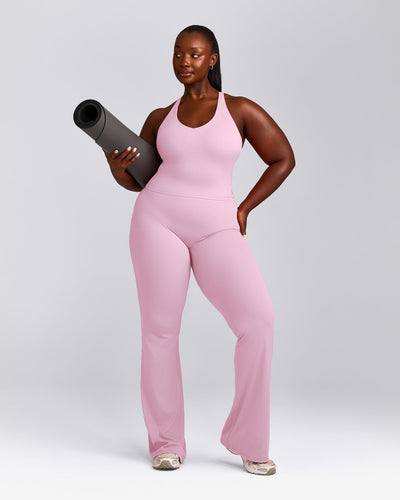 SoftMotion™ Racer Back Mid Tank Top with Built in Bra Shelf with Grey Logo | Chalk Pink