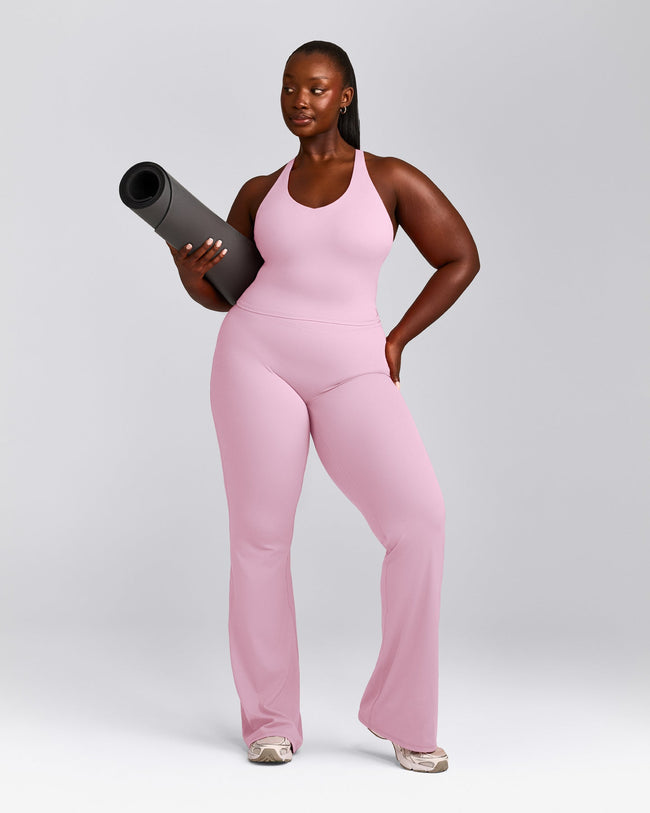 SoftMotion™ Racer Back Mid Tank Top with Built in Bra Shelf with Grey Logo | Chalk Pink