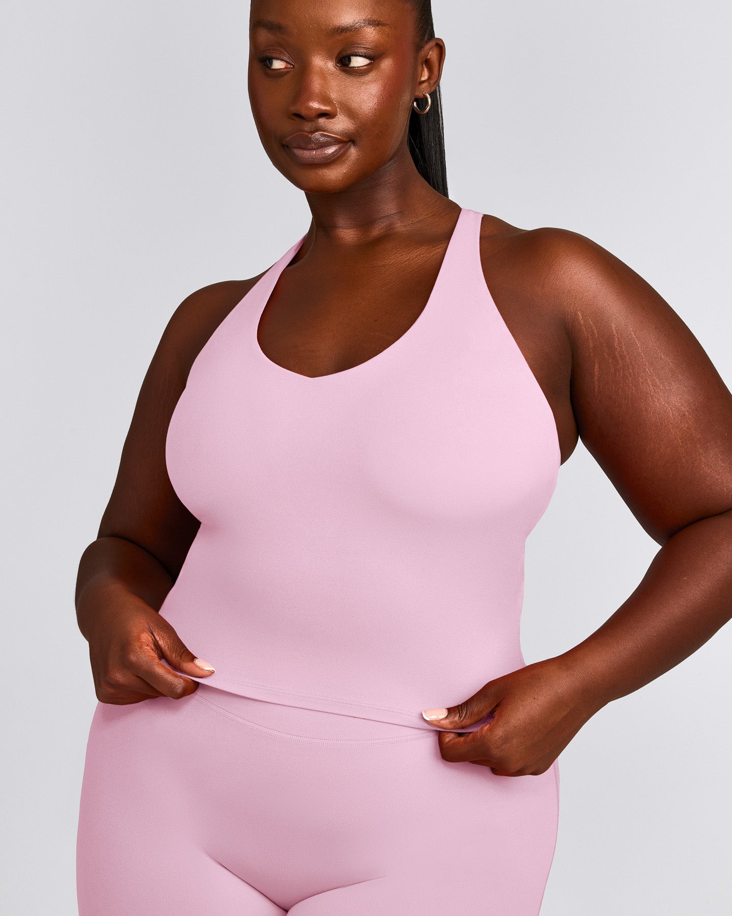 SoftMotion™ Racer Back Mid Tank Top with Built in Bra Shelf with Grey Logo | Chalk Pink