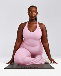 SoftMotion™ Racer Back Mid Tank Top with Built in Bra Shelf with Grey Logo | Chalk Pink