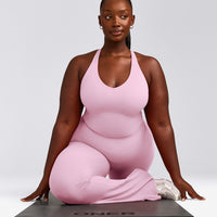 SoftMotion™ Racer Back Mid Tank Top with Built in Bra Shelf with Grey Logo | Chalk Pink