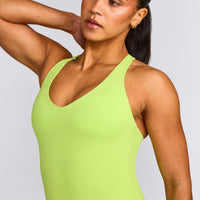 SoftMotion™ Racer Back Mid Tank Top with Built in Bra Shelf with Grey Logo | Citrus Green