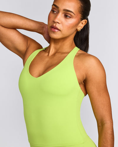 SoftMotion™ Racer Back Mid Tank Top with Built in Bra Shelf with Grey Logo | Citrus Green