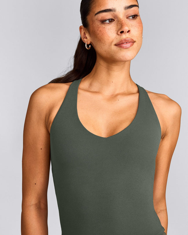 SoftMotion™ Racer Back Mid Tank Top with Built in Bra Shelf | Dark Khaki