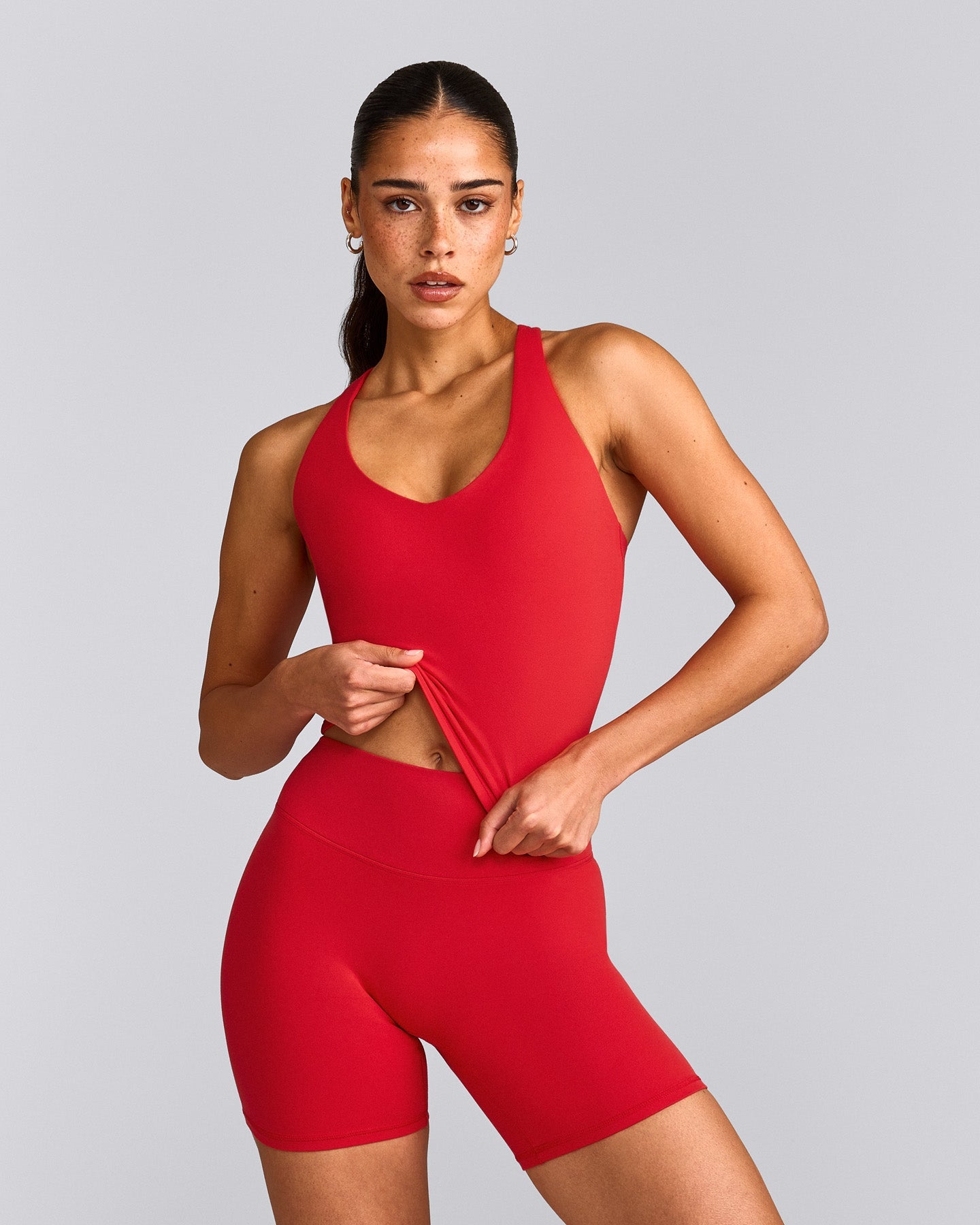 SoftMotion™ Racer Back Mid Tank Top with Built in Bra Shelf with Grey Logo | Fiery Red