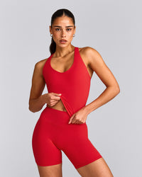 SoftMotion™ Racer Back Mid Tank Top with Built in Bra Shelf with Grey Logo | Fiery Red