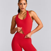 SoftMotion™ Racer Back Mid Tank Top with Built in Bra Shelf with Grey Logo | Fiery Red