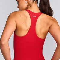 SoftMotion™ Racer Back Mid Tank Top with Built in Bra Shelf with Grey Logo | Fiery Red