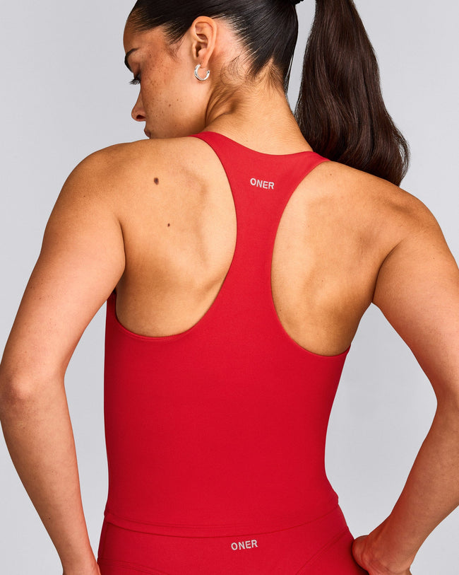 SoftMotion™ Racer Back Mid Tank Top with Built in Bra Shelf with Grey Logo | Fiery Red