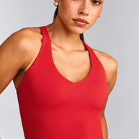 SoftMotion™ Racer Back Mid Tank Top with Built in Bra Shelf with Grey Logo | Fiery Red