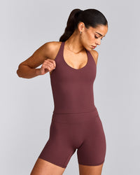 SoftMotion™ Racer Back Mid Tank Top with Built in Bra Shelf with Grey Logo | Velvet Mocha