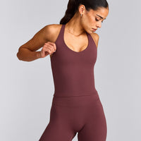 SoftMotion™ Racer Back Mid Tank Top with Built in Bra Shelf with Grey Logo | Velvet Mocha