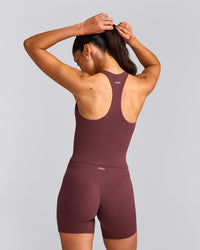 SoftMotion™ Racer Back Mid Tank Top with Built in Bra Shelf with Grey Logo | Velvet Mocha