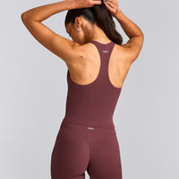 SoftMotion™ Racer Back Mid Tank Top with Built in Bra Shelf with Grey Logo | Velvet Mocha