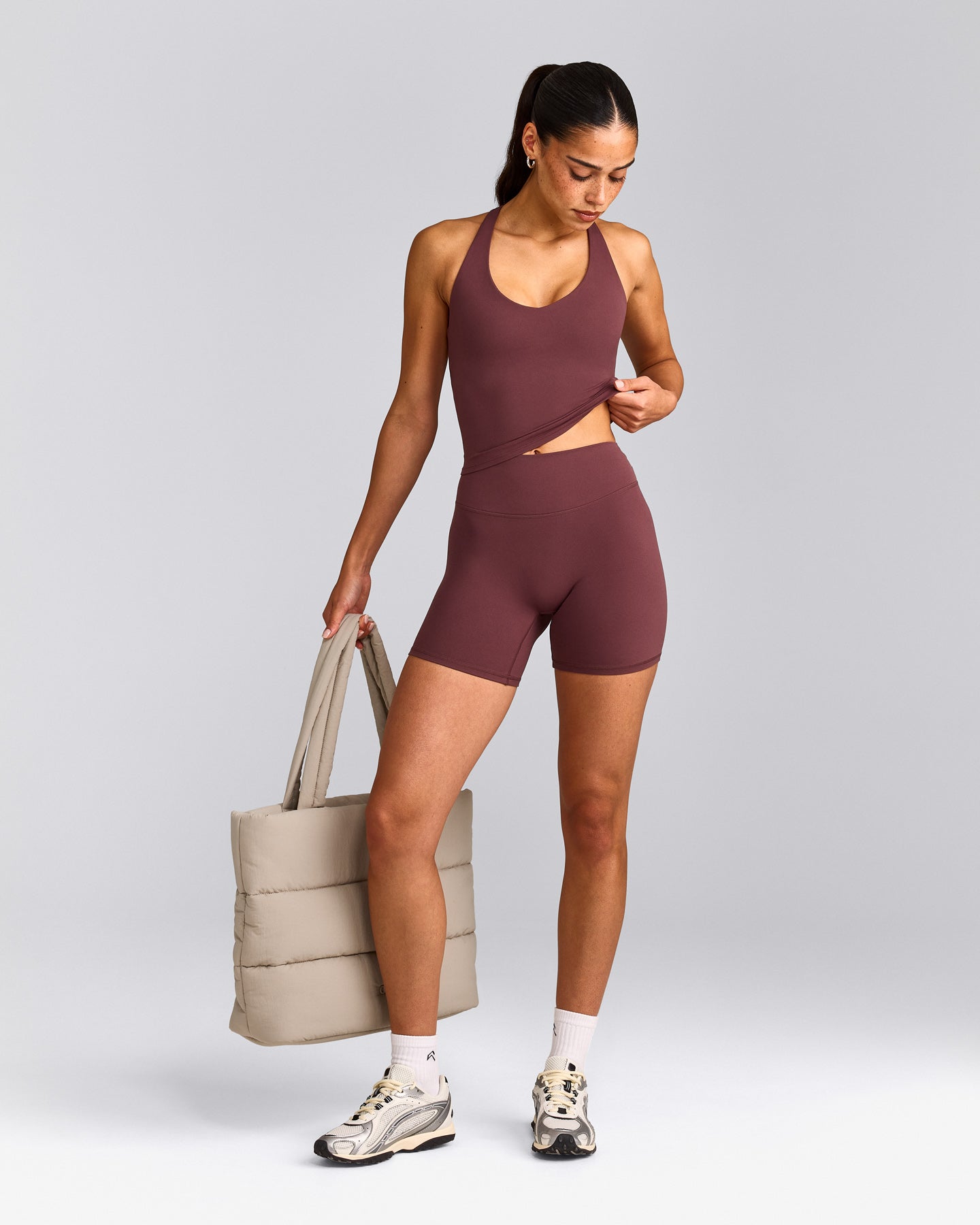 SoftMotion™ Racer Back Mid Tank Top with Built in Bra Shelf with Grey Logo | Velvet Mocha