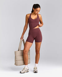 SoftMotion™ Racer Back Mid Tank Top with Built in Bra Shelf with Grey Logo | Velvet Mocha
