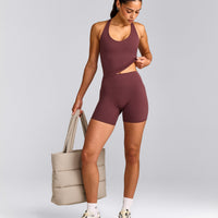 SoftMotion™ Racer Back Mid Tank Top with Built in Bra Shelf with Grey Logo | Velvet Mocha