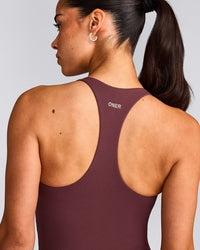 SoftMotion™ Racer Back Mid Tank Top with Built in Bra Shelf with Grey Logo | Velvet Mocha