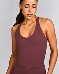 SoftMotion™ Racer Back Mid Tank Top with Built in Bra Shelf with Grey Logo | Velvet Mocha