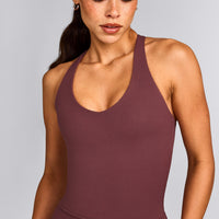 SoftMotion™ Racer Back Mid Tank Top with Built in Bra Shelf with Grey Logo | Velvet Mocha