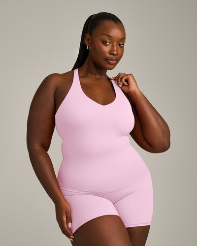 SoftMotion™ Racer Back Vest with Built in Bra Shelf with Grey Logo | Chalk Pink