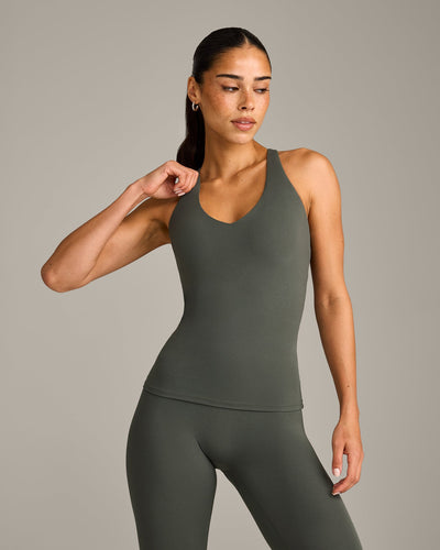 SoftMotion™ Racer Back Vest with Built in Bra Shelf with Grey Logo | Dark Khaki