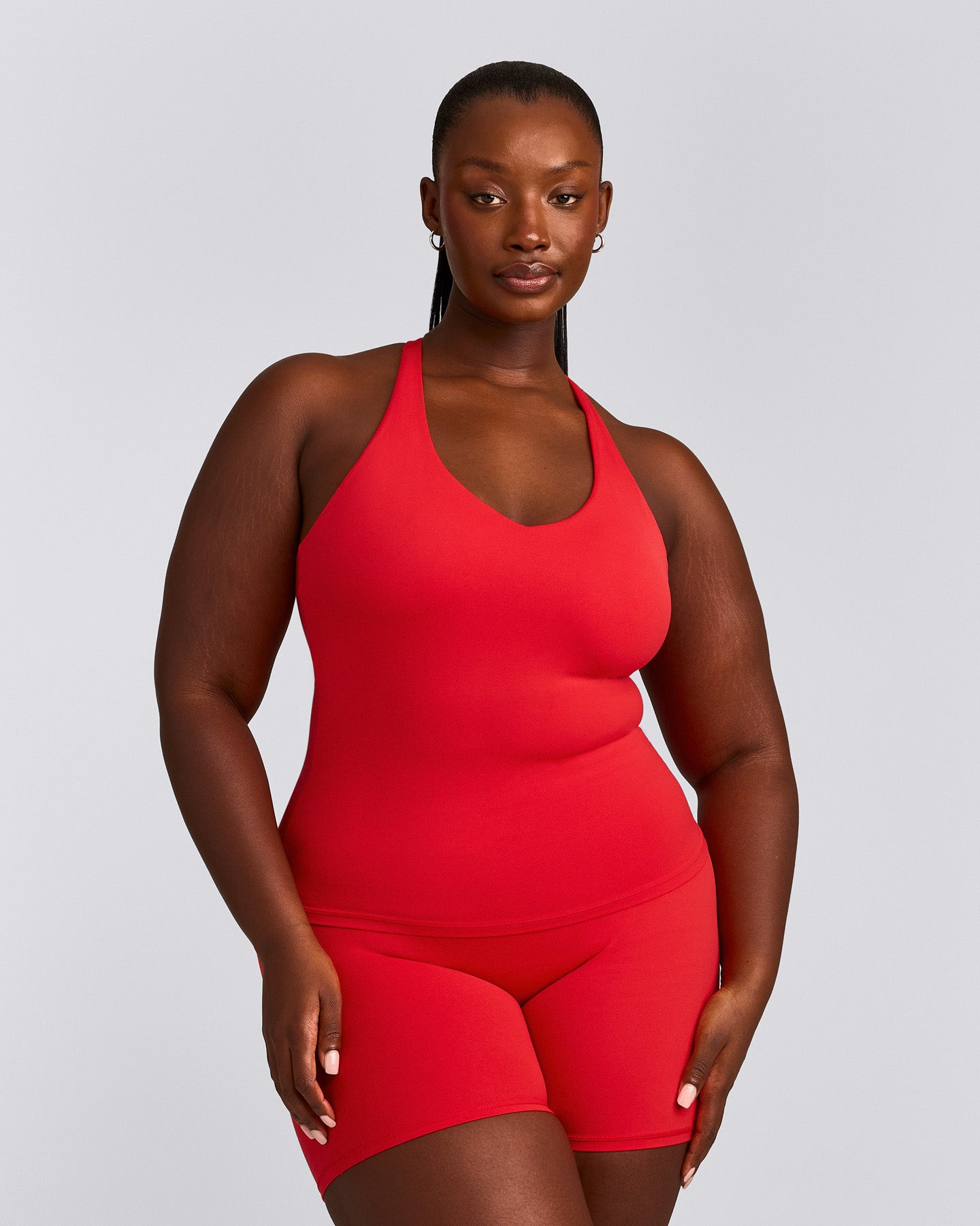 SoftMotion™ Racer Back Tank Top with Built in Bra Shelf with Grey Logo | Fiery Red