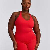SoftMotion™ Racer Back Tank Top with Built in Bra Shelf with Grey Logo | Fiery Red