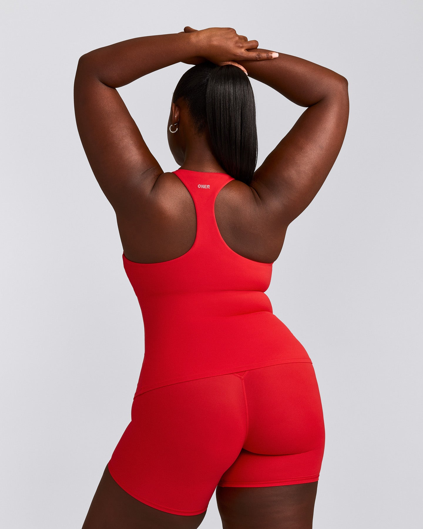 SoftMotion™ Racer Back Tank Top with Built in Bra Shelf with Grey Logo | Fiery Red
