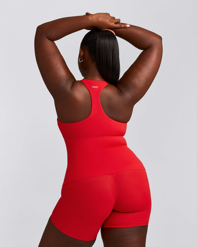 SoftMotion™ Racer Back Tank Top with Built in Bra Shelf with Grey Logo | Fiery Red