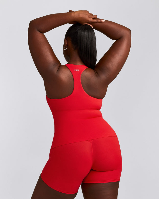 SoftMotion™ Racer Back Tank Top with Built in Bra Shelf with Grey Logo | Fiery Red