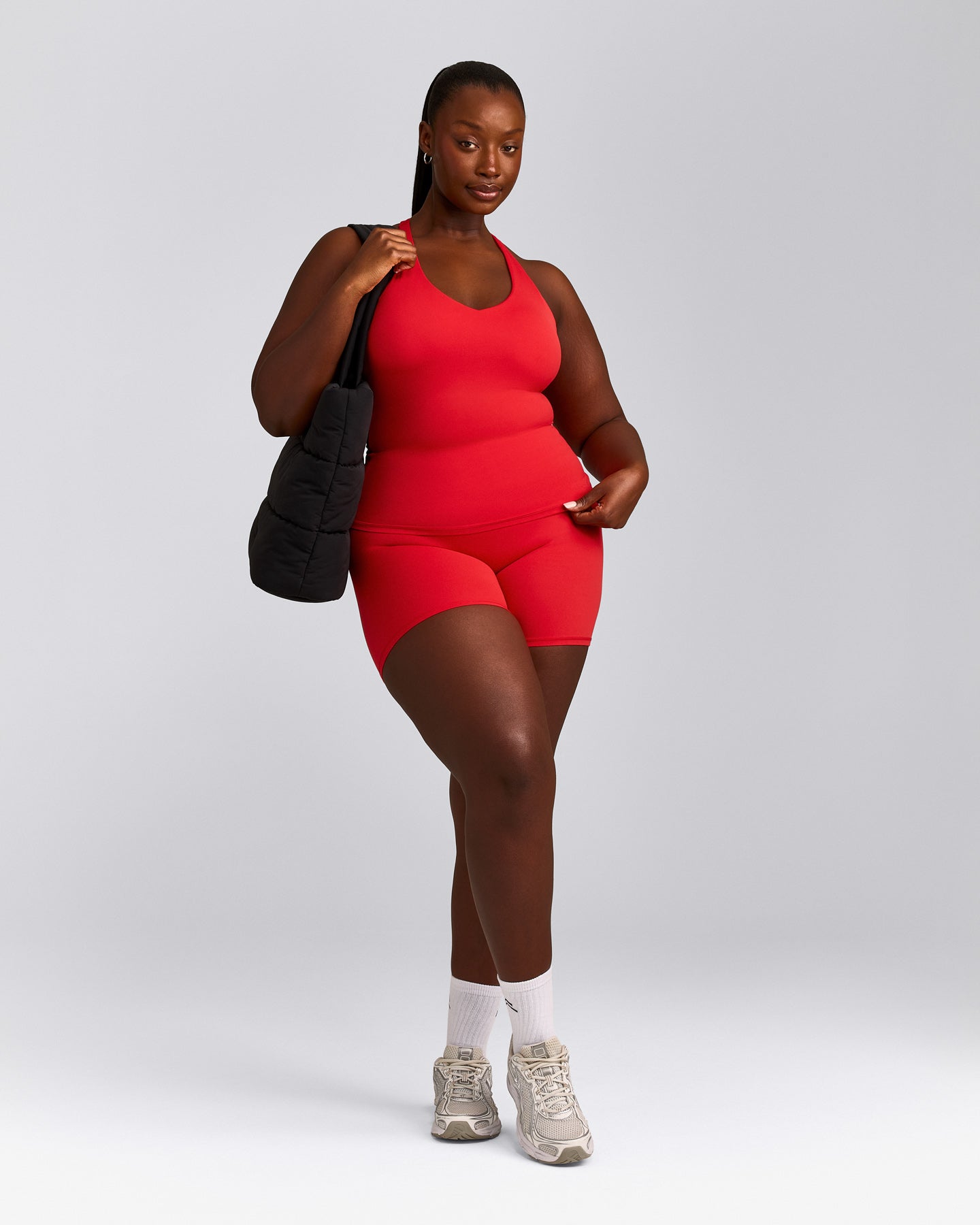 SoftMotion™ Racer Back Tank Top with Built in Bra Shelf with Grey Logo | Fiery Red