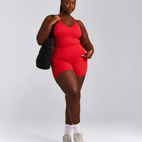 SoftMotion™ Racer Back Tank Top with Built in Bra Shelf with Grey Logo | Fiery Red
