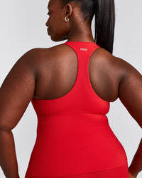 SoftMotion™ Racer Back Tank Top with Built in Bra Shelf with Grey Logo | Fiery Red