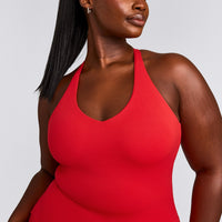 SoftMotion™ Racer Back Tank Top with Built in Bra Shelf with Grey Logo | Fiery Red