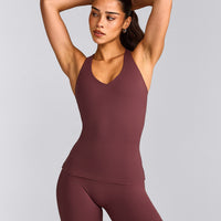 SoftMotion™ Racer Back Tank Top with Built in Bra Shelf with Grey Logo | Velvet Mocha