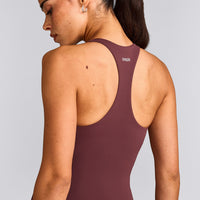 SoftMotion™ Racer Back Tank Top with Built in Bra Shelf with Grey Logo | Velvet Mocha