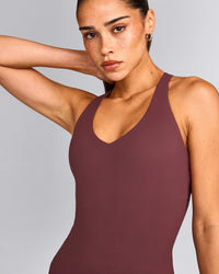 SoftMotion™ Racer Back Tank Top with Built in Bra Shelf with Grey Logo | Velvet Mocha