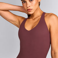 SoftMotion™ Racer Back Tank Top with Built in Bra Shelf with Grey Logo | Velvet Mocha