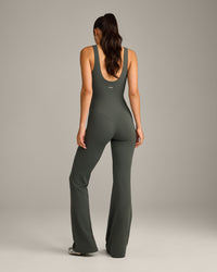 SoftMotion™ Scoop Back Flared All In One Long with Grey Logo | Dark Khaki