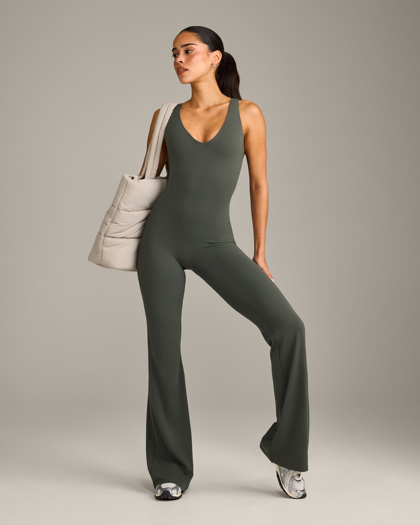 SoftMotion™ Scoop Back Flared All In One Long with Grey Logo | Dark Khaki