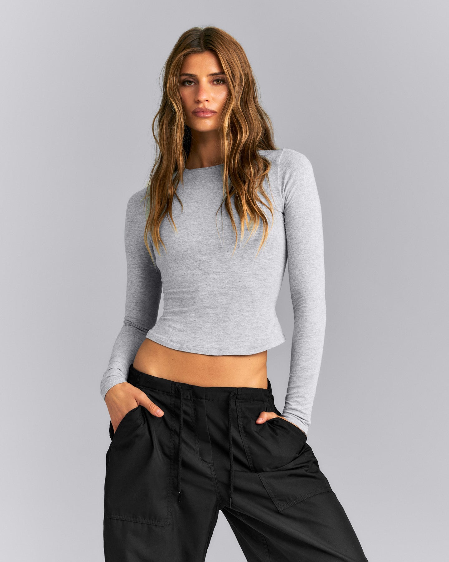 Fitted Cotton Long Sleeve Crew Neck Top | Mid Grey Marl
