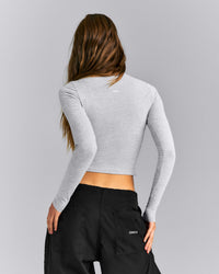 Fitted Cotton Long Sleeve Crew Neck Top | Mid Grey Marl